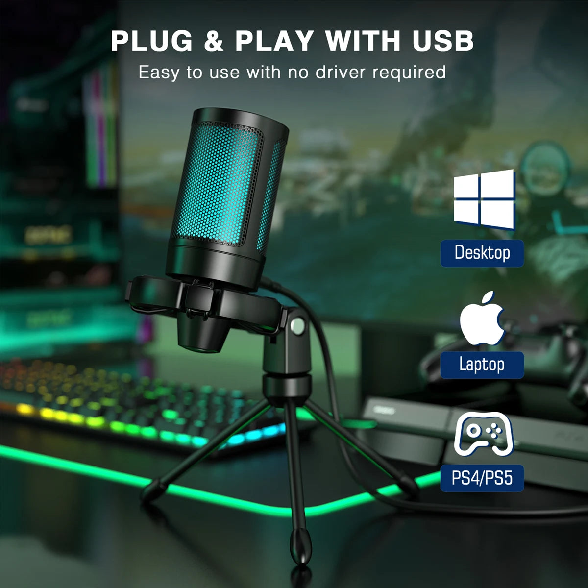 AmpliGame by FIFINE RGB USB Gaming Microphone with Light-touch Mute